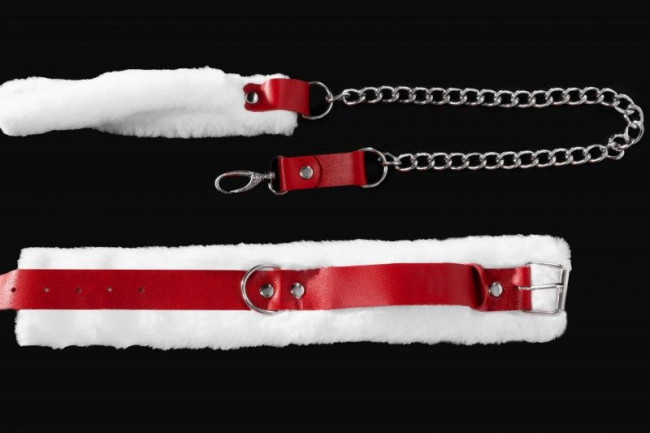 Бело-красный кожаный ошейник с поводком Бело-красный кожаный ошейник с поводком