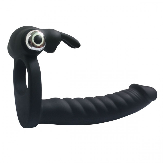 Черная вибронасадка Double Penetration Real с клиторальным зайчиком Черная вибронасадка Double Penetration Real с клиторальным зайчиком