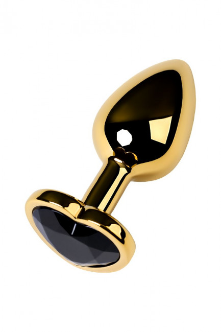 Золотистая коническая анальная пробка с черным кристаллом-сердечком - 7 см. 