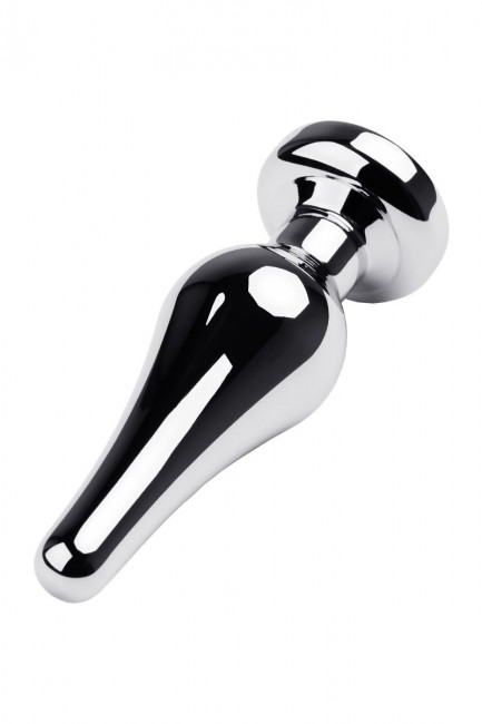 Серебристая удлиненная коническая анальная пробка с красным кристаллом - 10 см. 