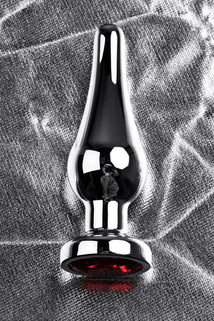 Серебристая удлиненная коническая анальная пробка с красным кристаллом - 10 см. 