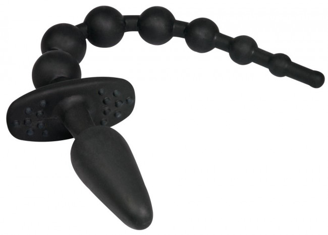 Чёрная анальная цепочка с пробочкой на конце - 32 см. Чёрная анальная цепочка с пробочкой на конце - 32 см.