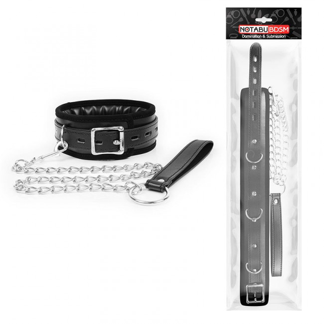 Черный ошейник на металлическом поводке с ручкой-петлей Черный ошейник на металлическом поводке с ручкой-петлей