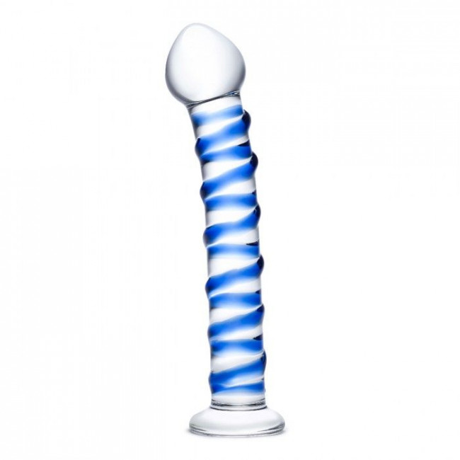 Стеклянный фаллоимитатор с голубой внешней спиралью - 18,5 см. Стеклянный фаллоимитатор с голубой внешней спиралью - 18,5 см.