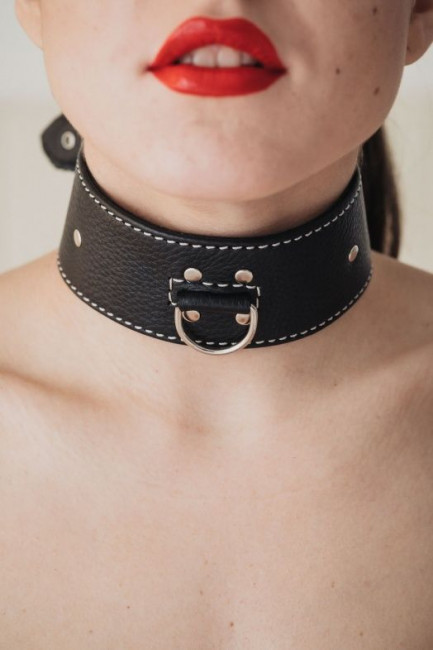 Черный кожаный ошейник с петлёй для поводка Черный кожаный ошейник с петлёй для поводка