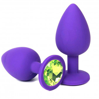 Фиолетовая анальная пробка с лаймовым стразом - 6,8 см.