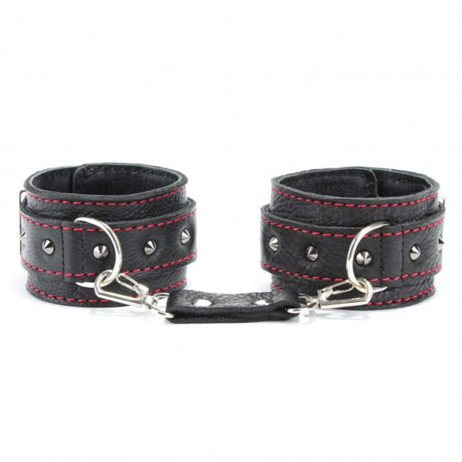 Черные наручники из натуральной кожи на карабинах Черные наручники из натуральной кожи на карабинах