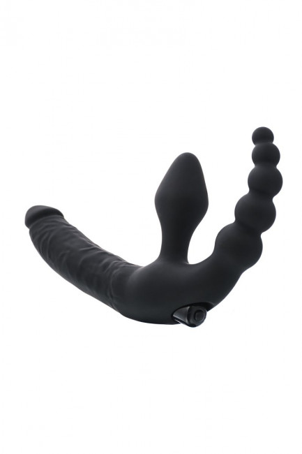Чёрный безремневой страпон с вибрацией и анальным отростком Чёрный безремневой страпон с вибрацией и анальным отростком