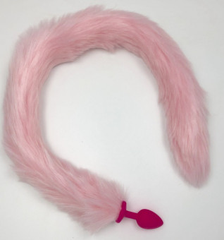 Розовая силиконовая анальная пробка с розовым хвостиком - размер S 