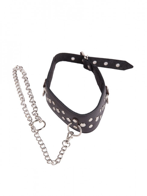 Кожаный чёрный ошейник с карабином и поводком Кожаный чёрный ошейник с карабином и поводком