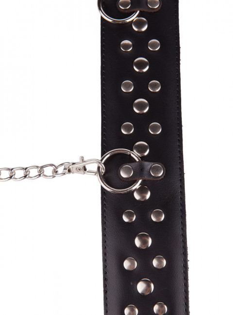 Кожаный чёрный ошейник с карабином и поводком Кожаный чёрный ошейник с карабином и поводком