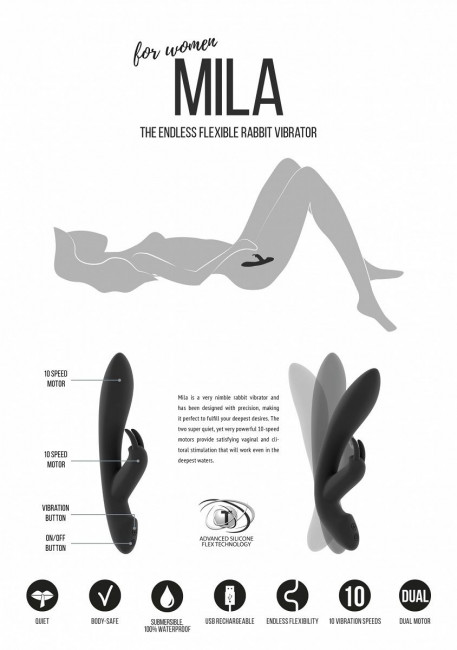 Чёрный вибратор с клиторальным отростком Mila - 22 см.