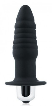 Черная ребристая вибровтулка с ограничителем - 7 см.