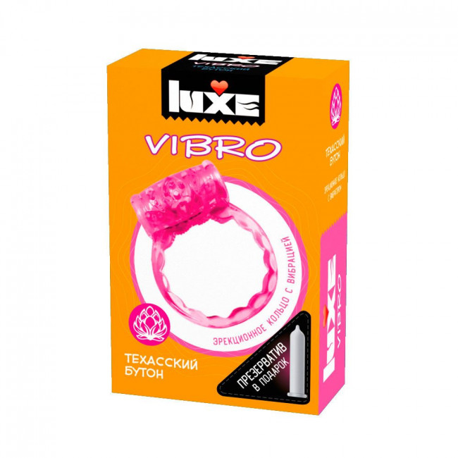 Розовое эрекционное виброкольцо Luxe VIBRO "Техасский бутон" + презерватив