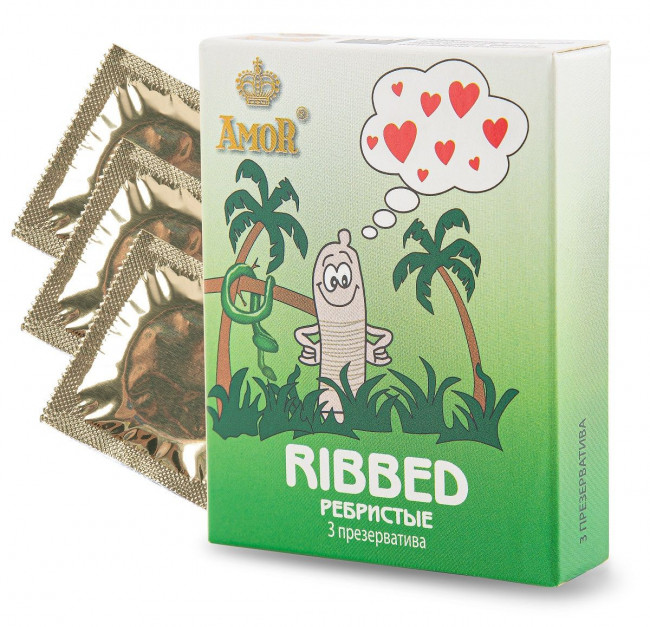 Ребристые презервативы AMOR Ribbed "Яркая линия" - 3 шт.