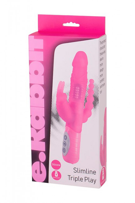 Розовый вибратор-кролик с анальным стимулятором SLIMLINE TRIPLE PLAY - 15,5 см.