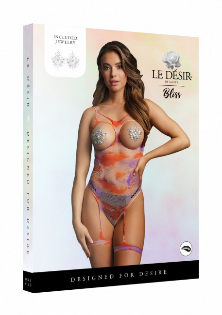 Боди с гартерами и наклейками на грудь Open-cup Strappy Teddy & Dazzling Sticker