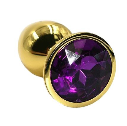Золотистая алюминиевая анальная пробка с темно-фиолетовым кристаллом - 6 см. Золотистая алюминиевая анальная пробка с темно-фиолетовым кристаллом - 6 см.