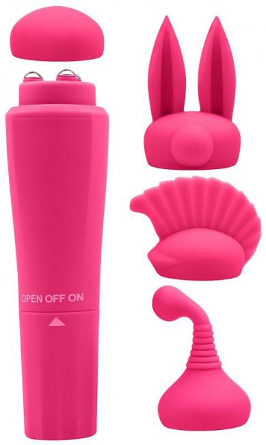 Розовый вибромассажер с 4 насадками Quadruple Sweet