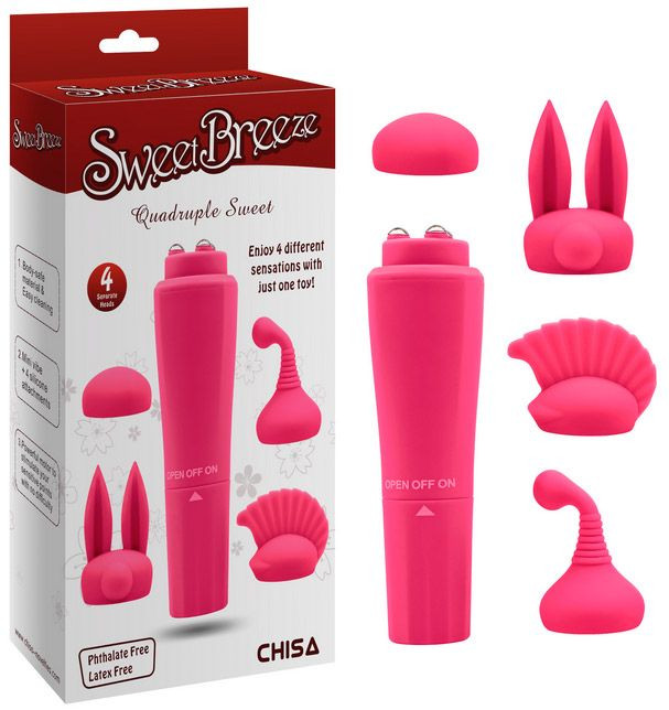 Розовый вибромассажер с 4 насадками Quadruple Sweet