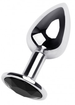 Маленькая коническая серебристая анальная пробка с черным кристаллом - 7 см. 