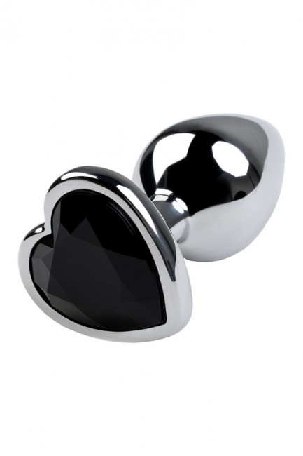 Серебристая коническая анальная пробка с черным кристаллом-сердечком - 7 см. 