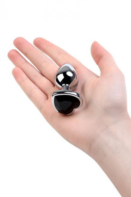 Серебристая коническая анальная пробка с черным кристаллом-сердечком - 7 см. 