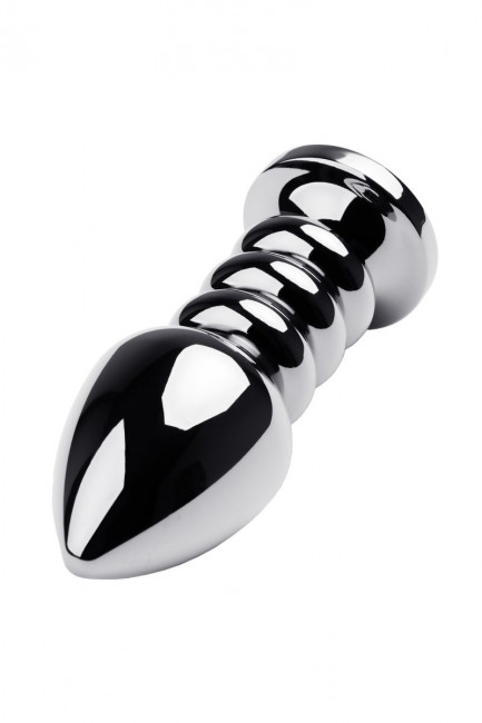 Серебристый анальный стимулятор с ребрышками и синим кристаллом - 10,5 см. Серебристый анальный стимулятор с ребрышками и синим кристаллом - 10,5 см.