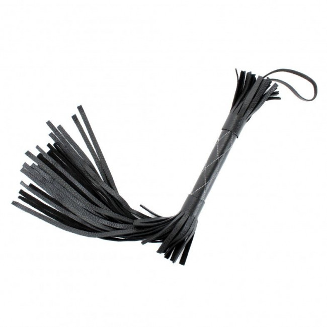 Чёрная многохвостая плетка с белыми простроченными ромбами - 45 см.