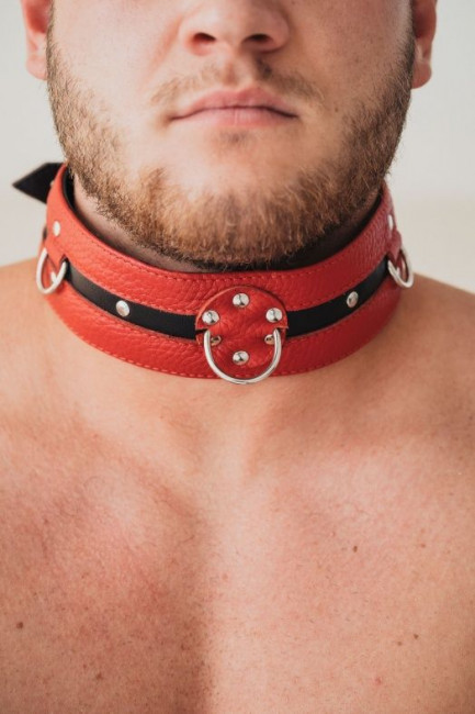 Черно-красный кожаный ошейник увеличенного размера