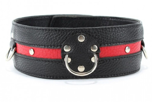 Черно-красный кожаный ошейник увеличенного размера с кольцом