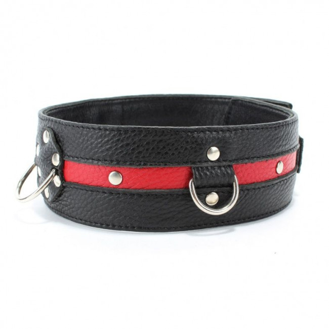 Черно-красный кожаный ошейник увеличенного размера с кольцом