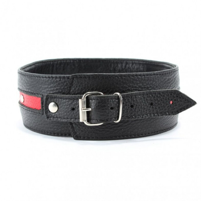 Черно-красный кожаный ошейник увеличенного размера с кольцом