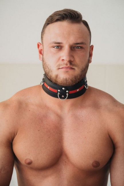 Черно-красный кожаный ошейник увеличенного размера с кольцом