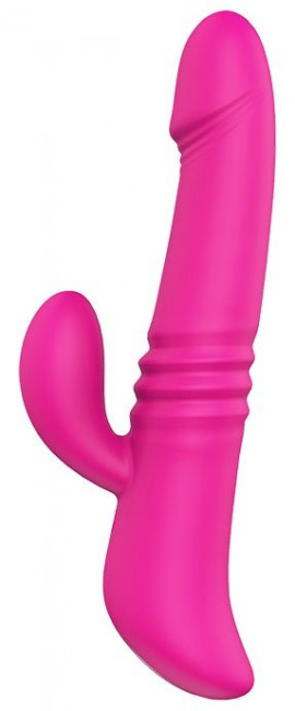 Розовый вибромассажер с клиторальным отростком HEATING THRUSTER - 20 см.