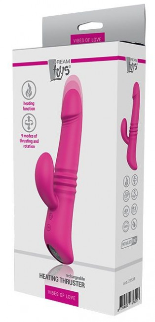 Розовый вибромассажер с клиторальным отростком HEATING THRUSTER - 20 см.