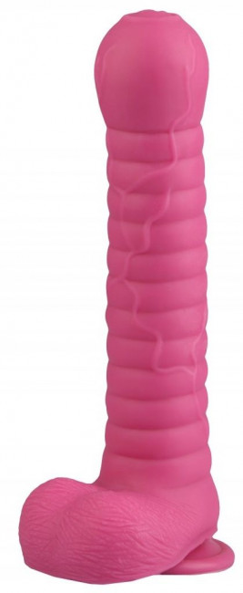 Розовый рельефный фаллоимитатор с мошонкой - 27,5 см. Розовый рельефный фаллоимитатор с мошонкой - 27,5 см.