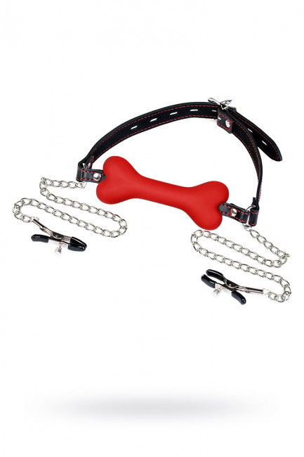 Красный кляп-трензель Theatre в виде косточки с зажимами для сосков Красный кляп-трензель Theatre в виде косточки с зажимами для сосков