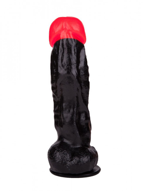 Чёрный фаллоимитатор с красной головкой - 20 см.