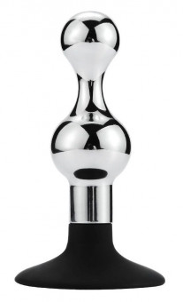 Серебристая рельефная анальная пробка на черной присоске - 11 см.