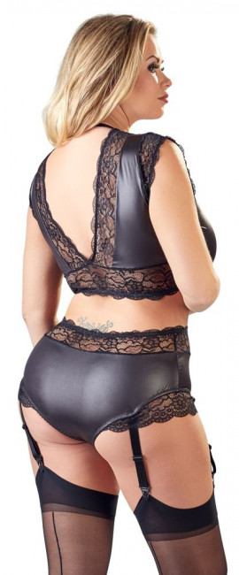 Чувственный wet-look комплект с кружевной отделкой Чувственный wet-look комплект с кружевной отделкой