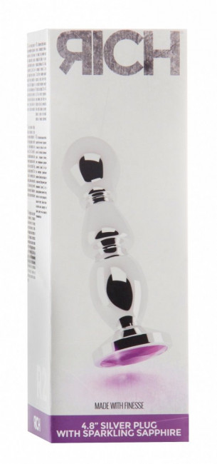 Серебристая фигурная анальная пробка с фиолетовым кристаллом - 14 см. Серебристая фигурная анальная пробка с фиолетовым кристаллом - 14 см.