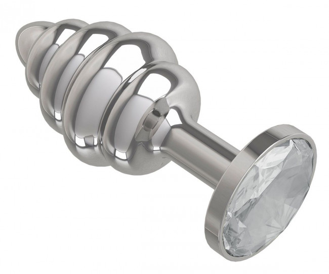 Серебристая пробка с рёбрышками и прозрачным кристаллом - 7 см. Серебристая пробка с рёбрышками и прозрачным кристаллом - 7 см.