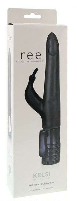 Чёрный вибратор с клиторальным стимулятором Kelsi - 18,5 см. Чёрный вибратор с клиторальным стимулятором Kelsi - 18,5 см.