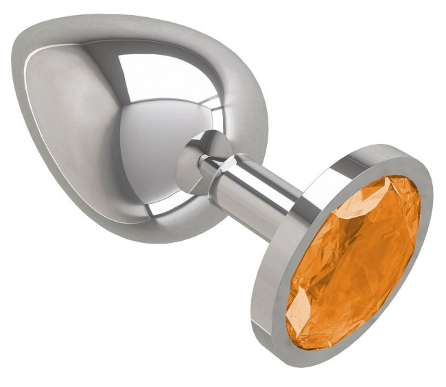 Серебристая большая анальная пробка с оранжевым кристаллом - 9,5 см.