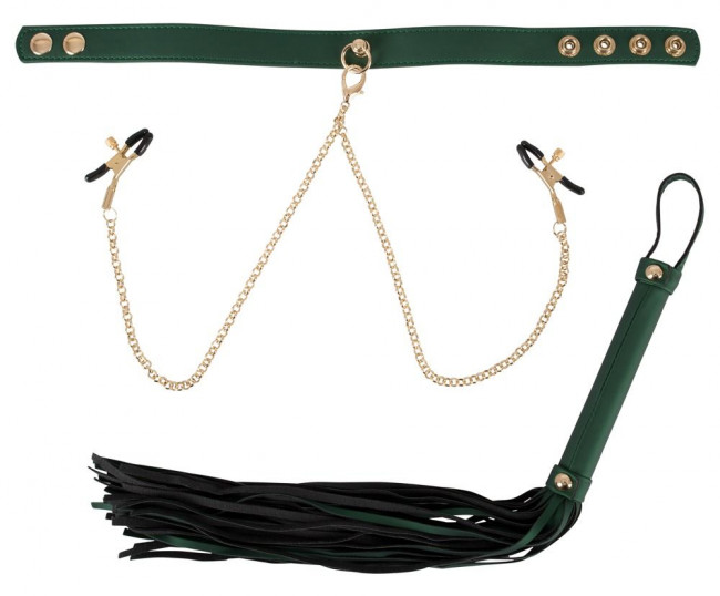 Зелёный комплект Fetish Set: ошейник, цепи с зажимами, плеть Зелёный комплект Fetish Set: ошейник, цепи с зажимами, плеть