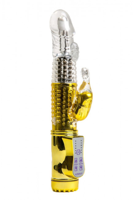 Золотистый вибратор с 24 видами вибрации и ротации - 21 см. Золотистый вибратор с 24 видами вибрации и ротации - 21 см.