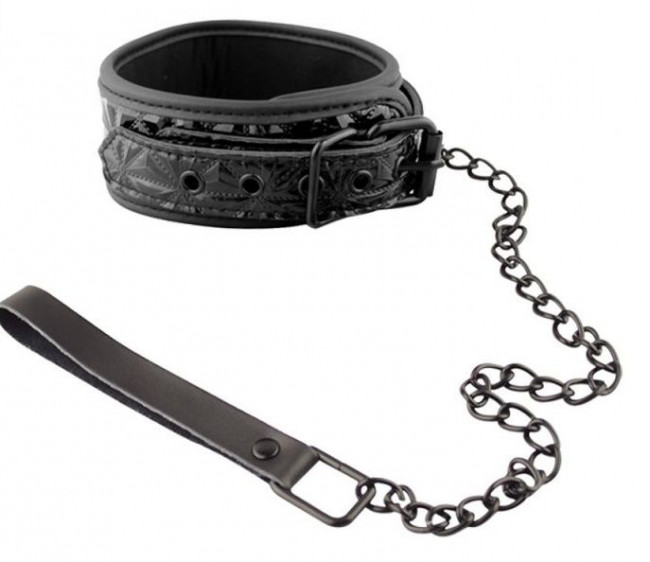 Чёрный кожаный ошейник с поводком Collar With Leash 