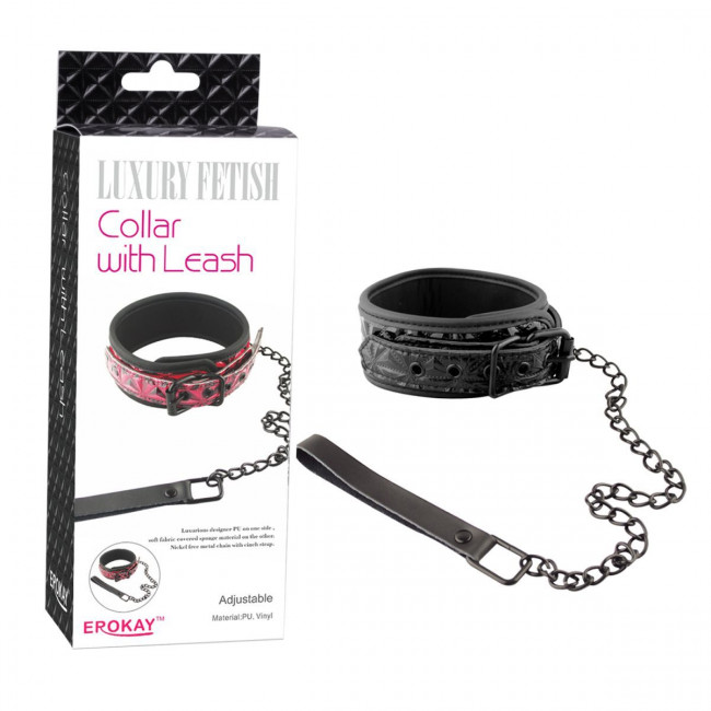 Чёрный кожаный ошейник с поводком Collar With Leash 