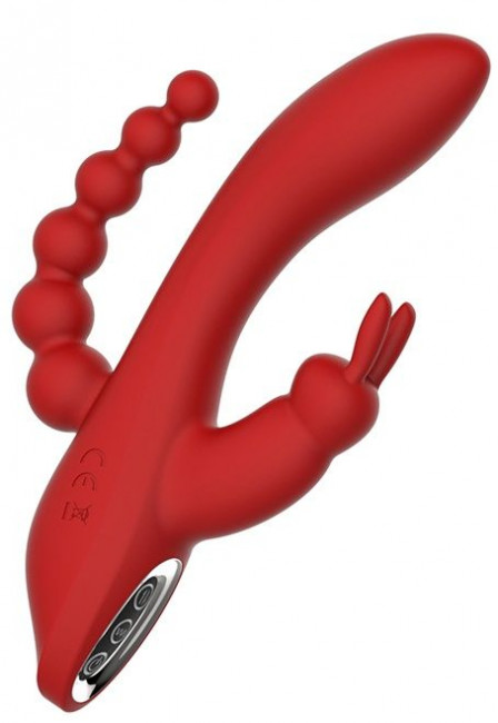 Красный вибромассажер-кролик с анальным стимулятором HERA - 21 см. Красный вибромассажер-кролик с анальным стимулятором HERA - 21 см.
